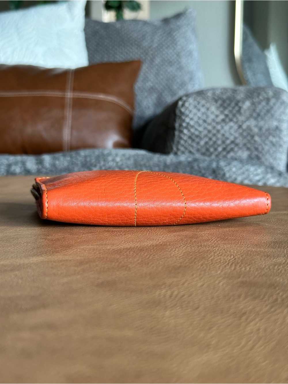 Vintage Cole Haan Pebbled Leather Zip Coin Purse & Key Pouch | Coral Orange - Picture 7 of 8